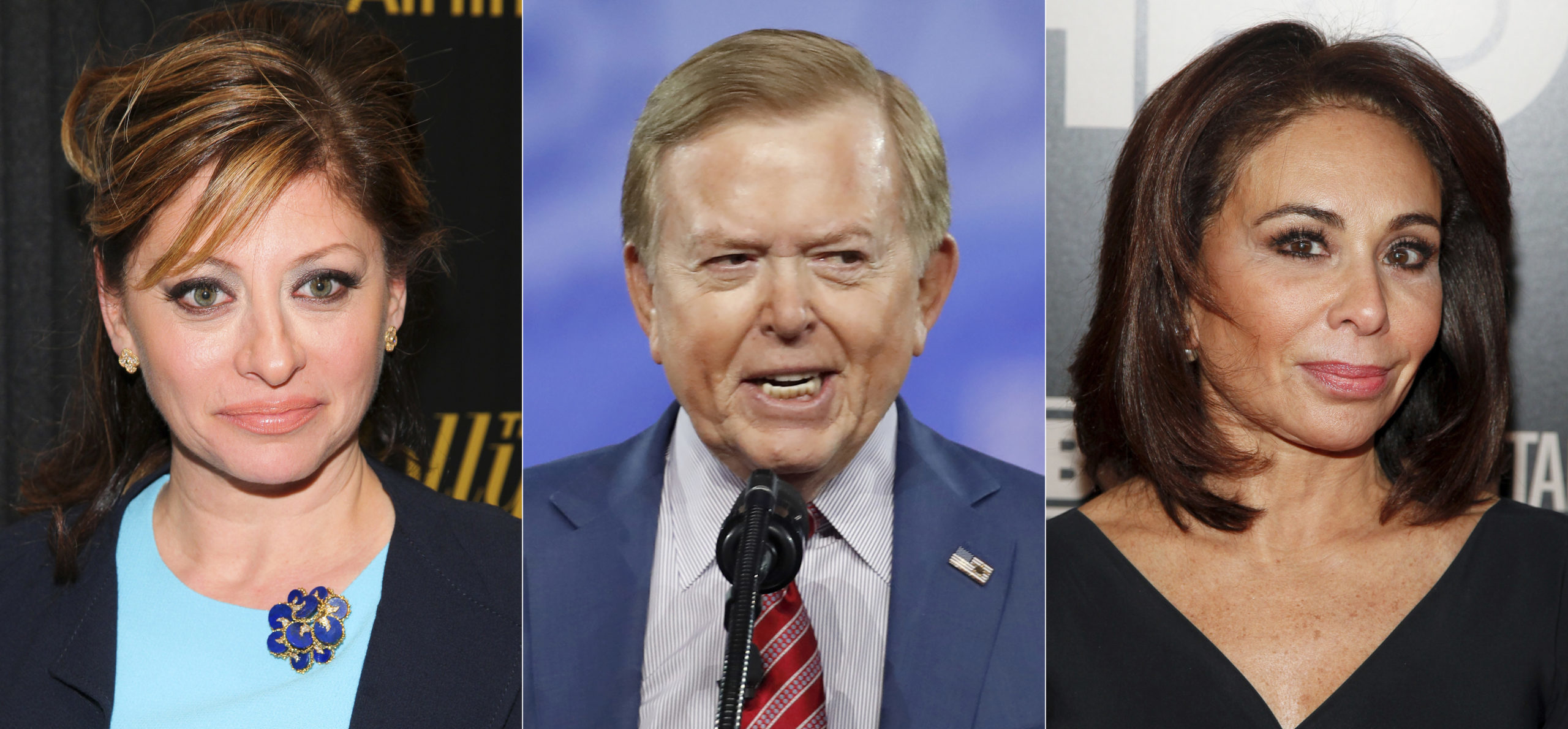 This photo shows, from left, Maria Bartiromo in New York on April 6, 2016, Lou Dobbs at the Conservative Political Action Conference in Oxon Hill, Maryland, on Feb. 24, 2017, and Jeanine Pirro in New York on Jan. 28, 2015.