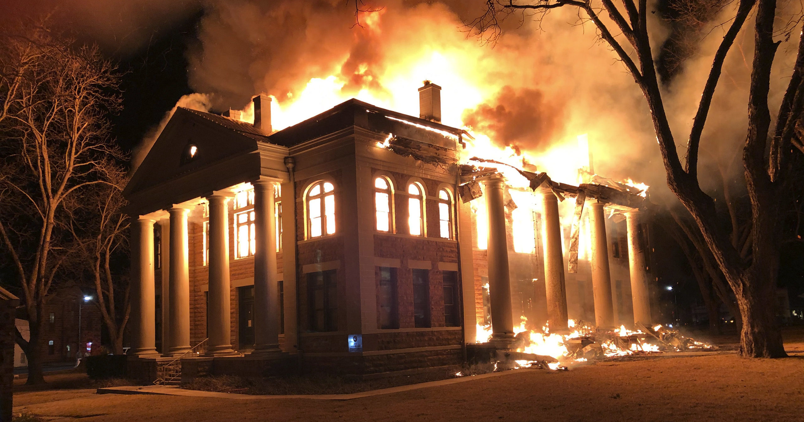 This photo shows a fire at the Mason County Courthouse on Feb. 4, 2021, in Mason, Texas.