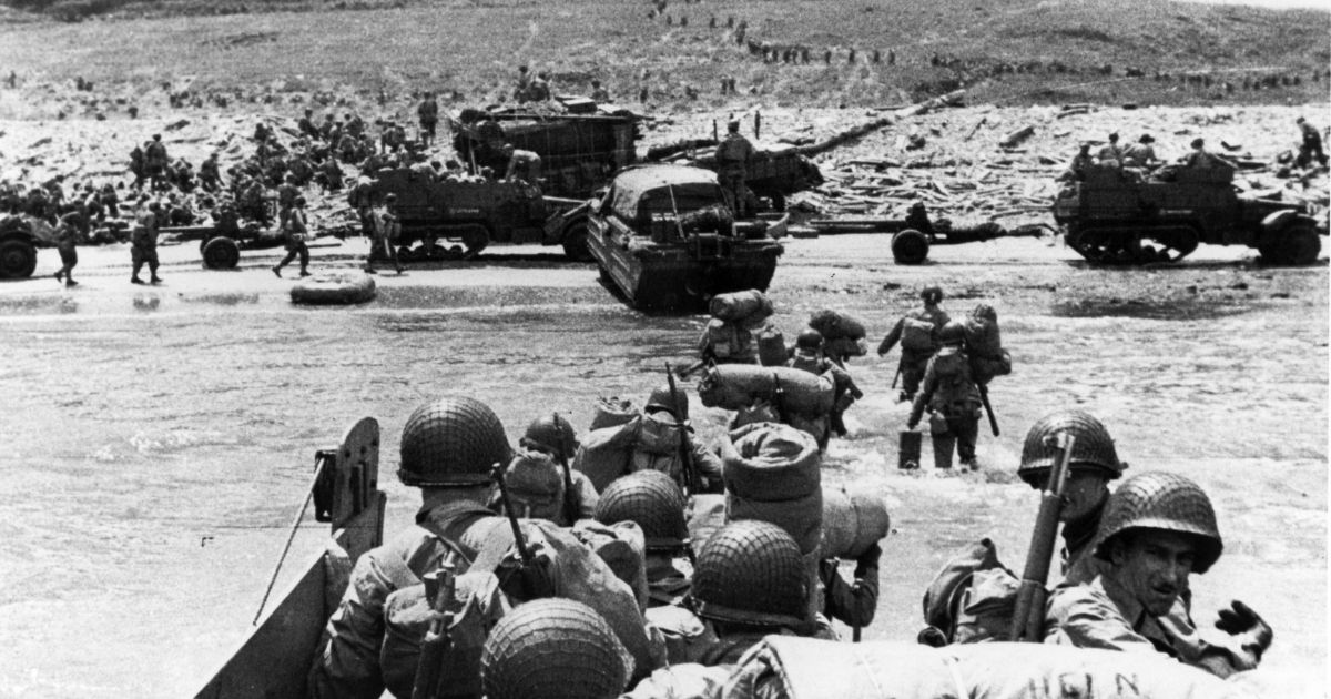 American troops land at Omaha Beach in Normandy on June 6, 1944. (
