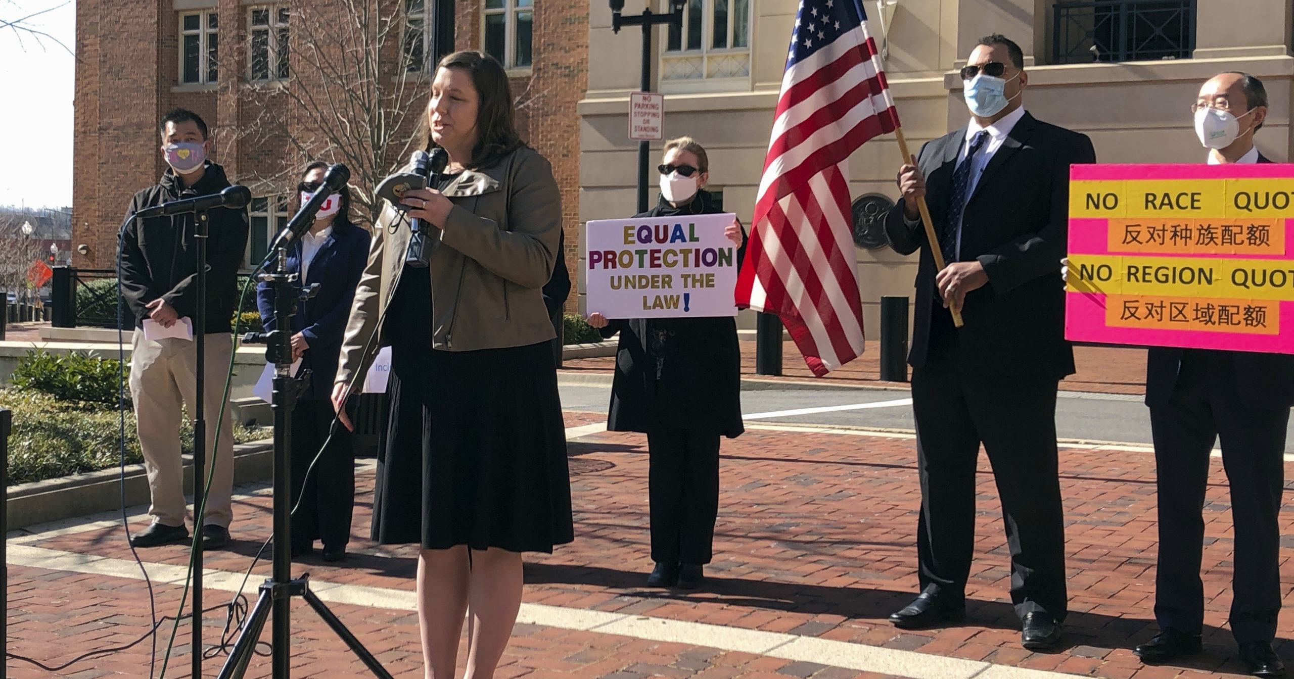 Pacific Legal Foundation attorney Erin Wilcox speaks at a news conference outside the federal courthouse in Alexandria, Virginia, on March 10, 2021.