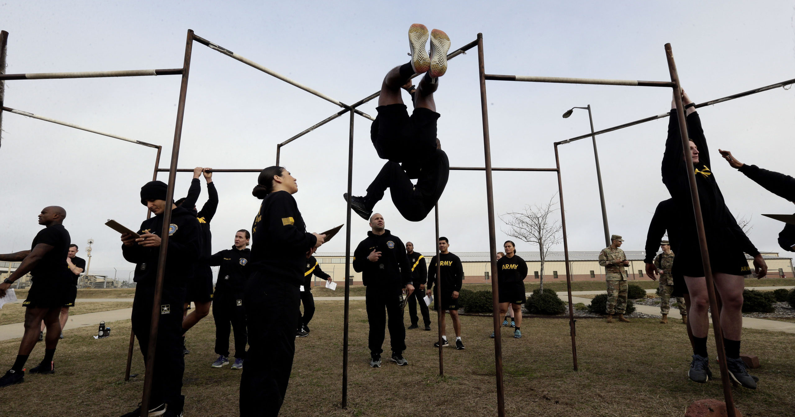 In this Jan. 8, 2019, file photo, U.S Army troops training to serve as instructors participate in the new Army combat fitness test at the 108th Air Defense Artillery Brigade compound at Fort Bragg, North Carolina.