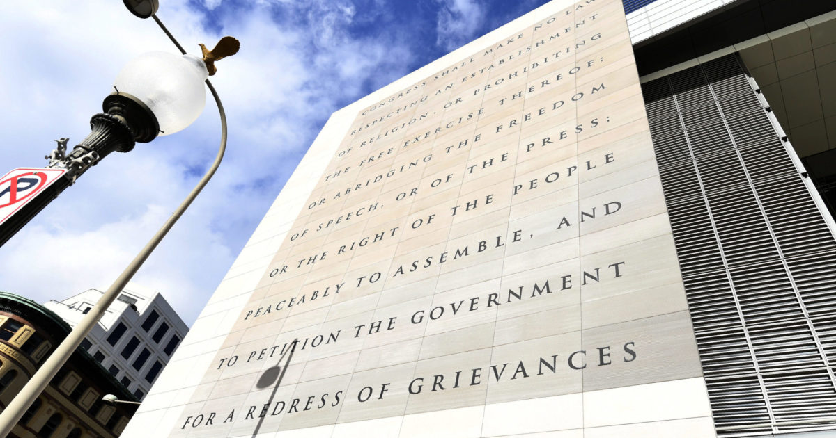 The facade of the Newseum, bearing the words of the First Amendment, is seen on Dec. 31, 2019, in Washington, D.C.