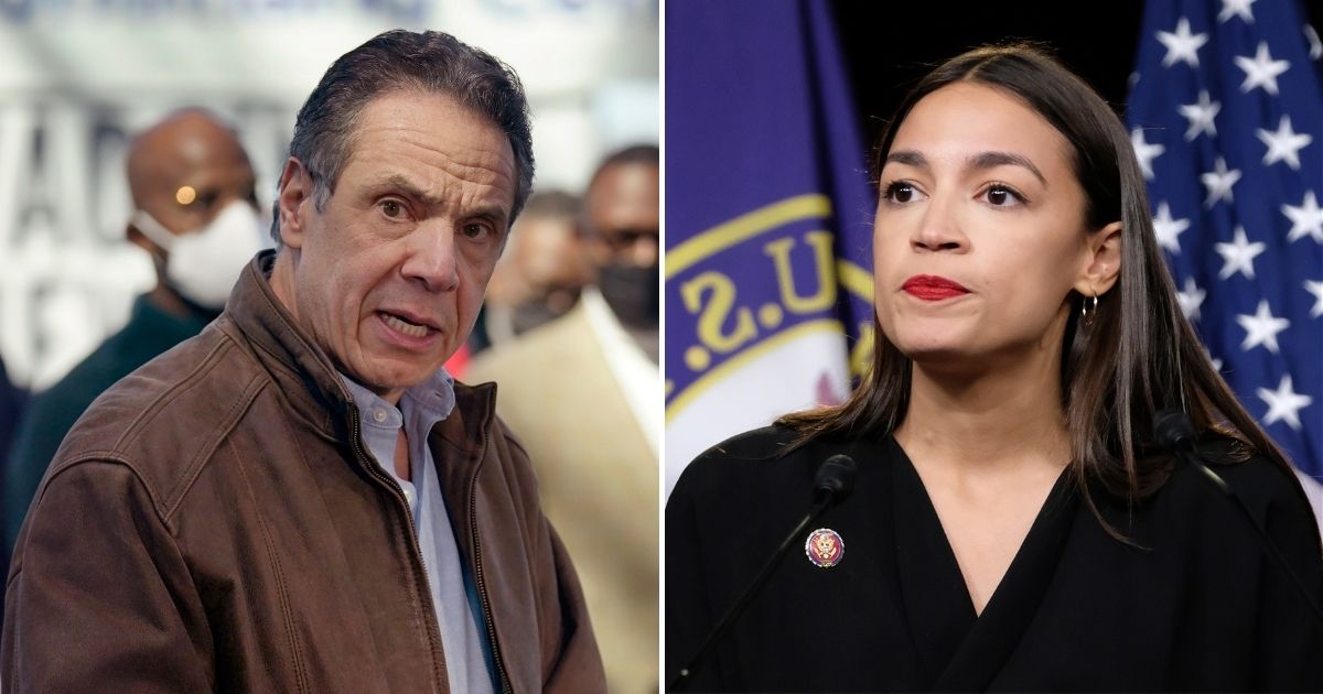 Democratic New York Rep. Alexandria Ocasio-Cortez, right, issued a statement Friday calling for Democratic Gov. Andrew Cuomo, left, to resign from his post following numerous allegations of sexual harassment and reports that the governor's administration attempted to cover up the number of deaths related to COVID-19 in the state.
