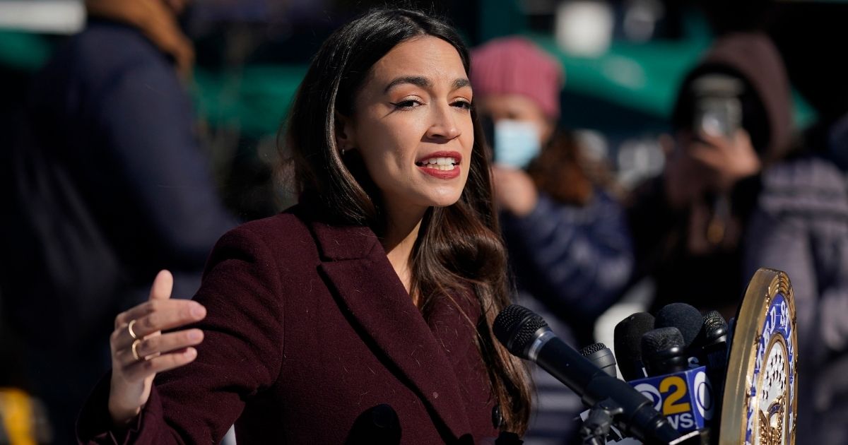 Rep. Alexandria Ocasio-Cortez of New York speaks during a news conference in the Queens borough of New York on Feb. 8, 2021.