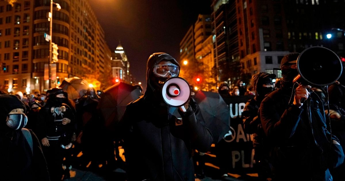 Antifa agitators protest on election night near the White House in Washington, D.C., on Nov. 3, 2020.