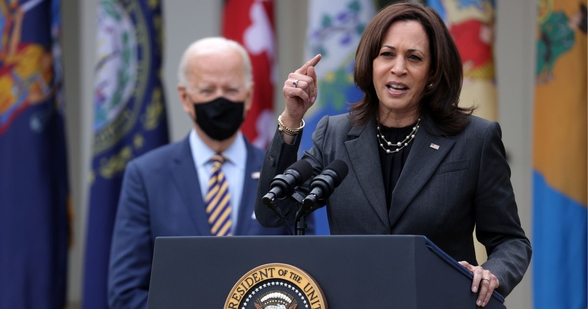 Vice President Kamala Harris speaks as President Joe Biden listens during an event on the Democrats' COVID-19 relief bill in the Rose Garden of the White House on March 12.