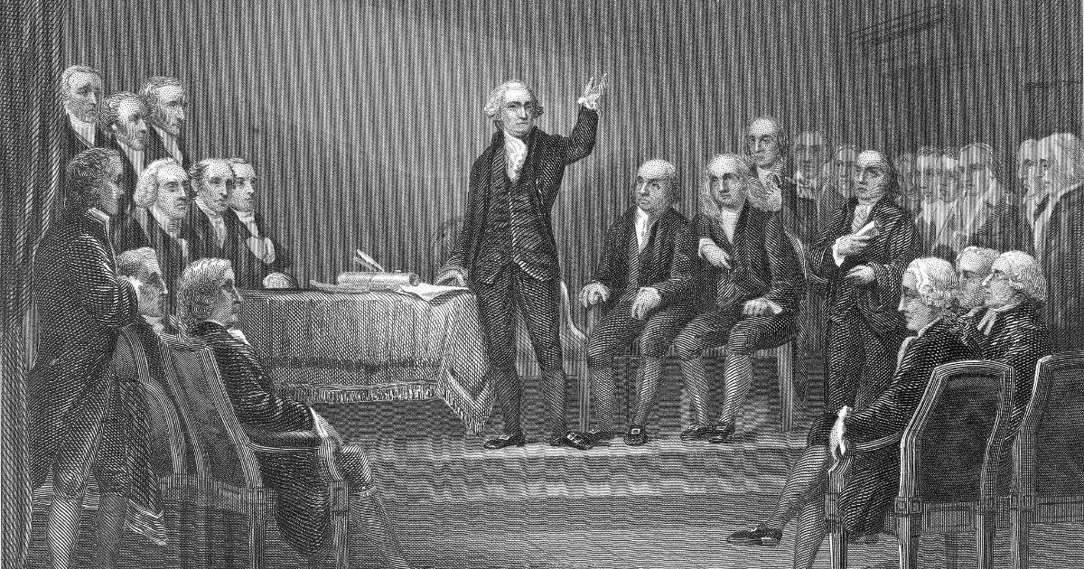 George Washington presides over the Constitutional Convention in Philadelphia in 1787.