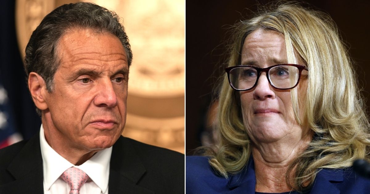 Left: New York Gov. Andrew Cuomo speaks during a media briefing in New York City on June 12. Right: Christine Blasey Ford speaks before the Senate Judiciary Committee hearing on the nomination of Brett Kavanaugh to be an associate justice of the Supreme Court on Capitol Hill on Sept. 27, 2018.