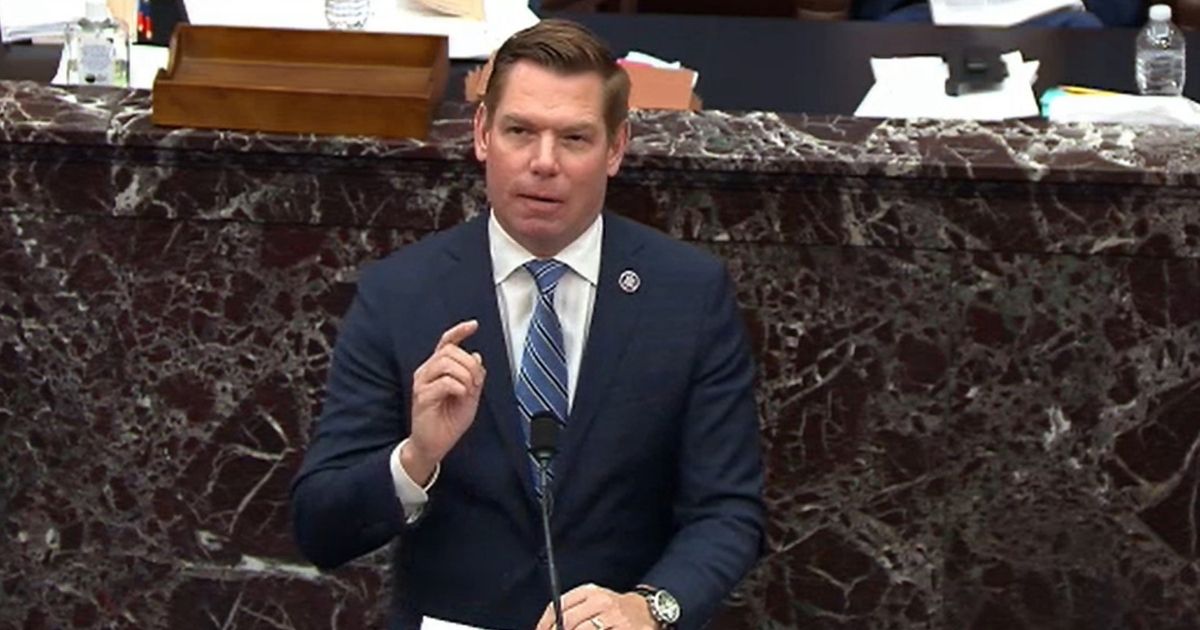 In this screenshot taken from a congress.gov webcast, Impeachment Manager Democratic Rep. Eric Swalwell of California speaks on the second day of former President Donald Trump's second impeachment trial at the U.S. Capitol on Feb.10, in Washington, D.C.
