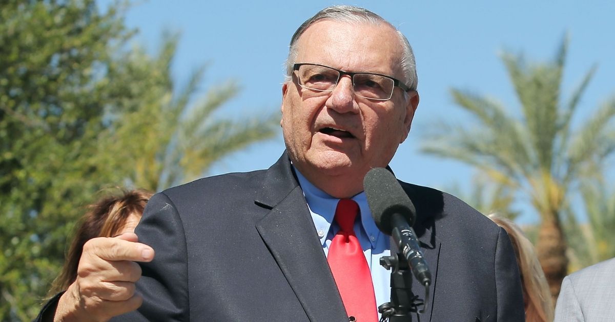 Former Maricopa County Sheriff Joe Arpaio speaks to the media in front of the Arizona State Capitol before filing petitions to run for the U.S. Senate on May 22, 2018, in Phoenix, Arizona.