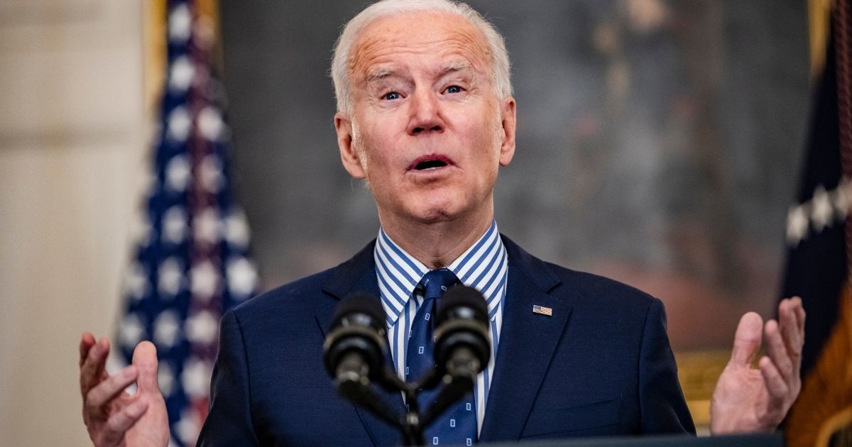 President Joe Biden speaks from the State Dining Room following the passage of the American Rescue Plan in the U.S. Senate at the White House on Saturday in Washington, D.C.
