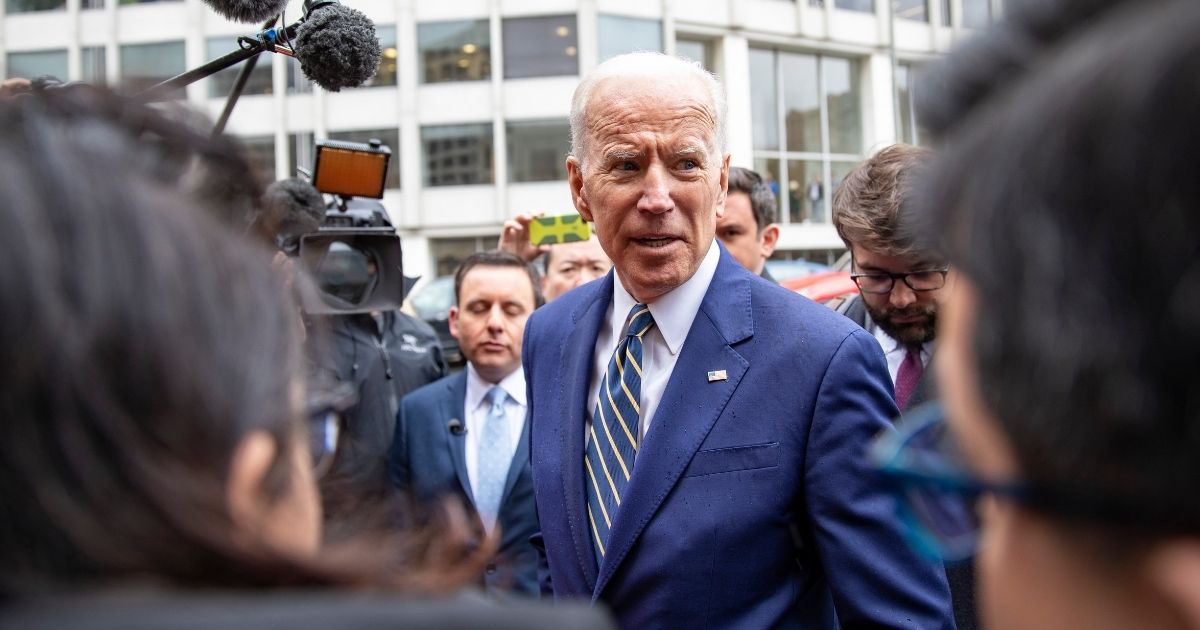President Joe Biden speaks to the media at the International Brotherhood of Electrical Workers Construction and Maintenance conference on April 5, 2019, in Washington, D.C.