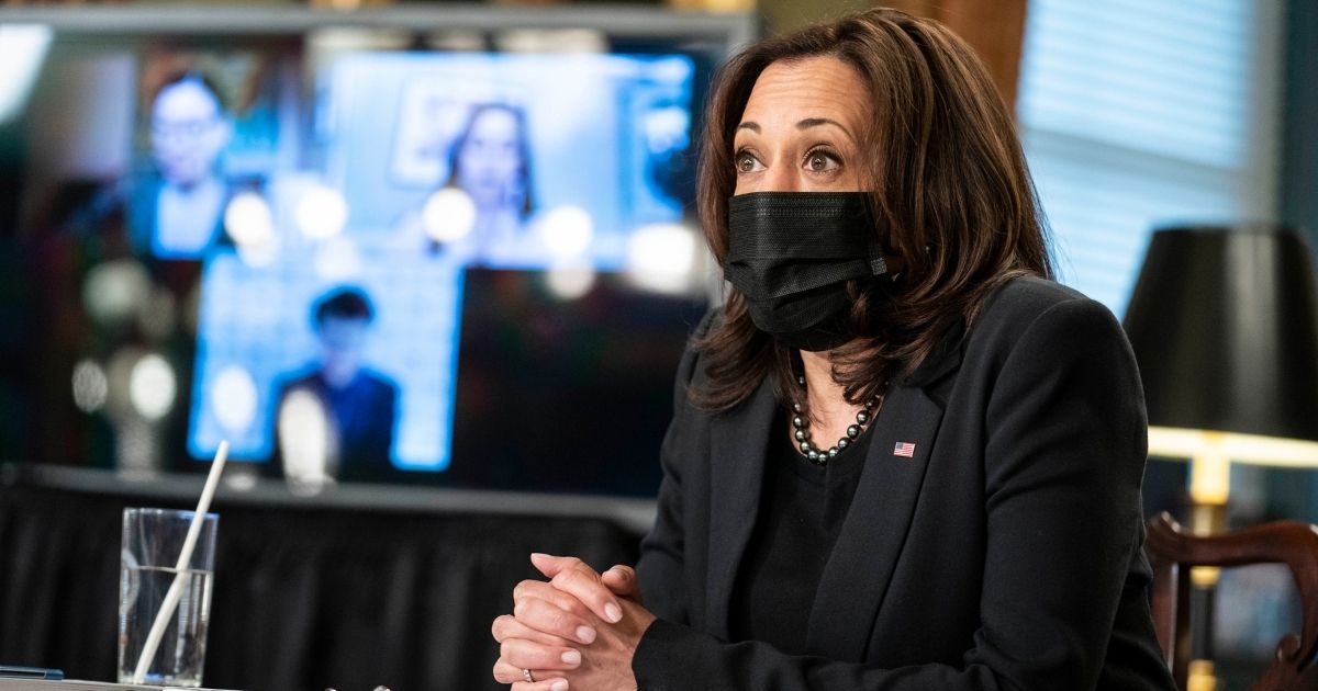 Vice President Kamala Harris leads a meeting with women leaders of the labor community to commemorate Womens History Month and the passage of the American Rescue Plan in Harris' ceremonial office in the Eisenhower Executive Office Building on Thursday in Washington, D.C.