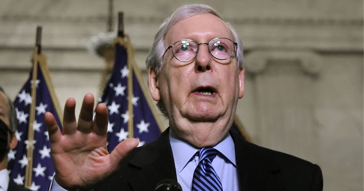 Senate Minority Leader Mitch McConnell of Kentucky talks to reporters following the weekly Senate Republican caucus luncheon in the Russell Senate Office Building on Capitol Hill on March 16, 2021, in Washington, D.C.