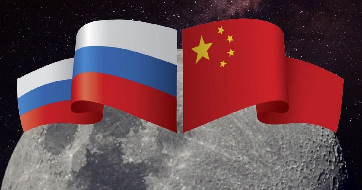 A graphic depicting the flags of Russia and China over an image of the moon.