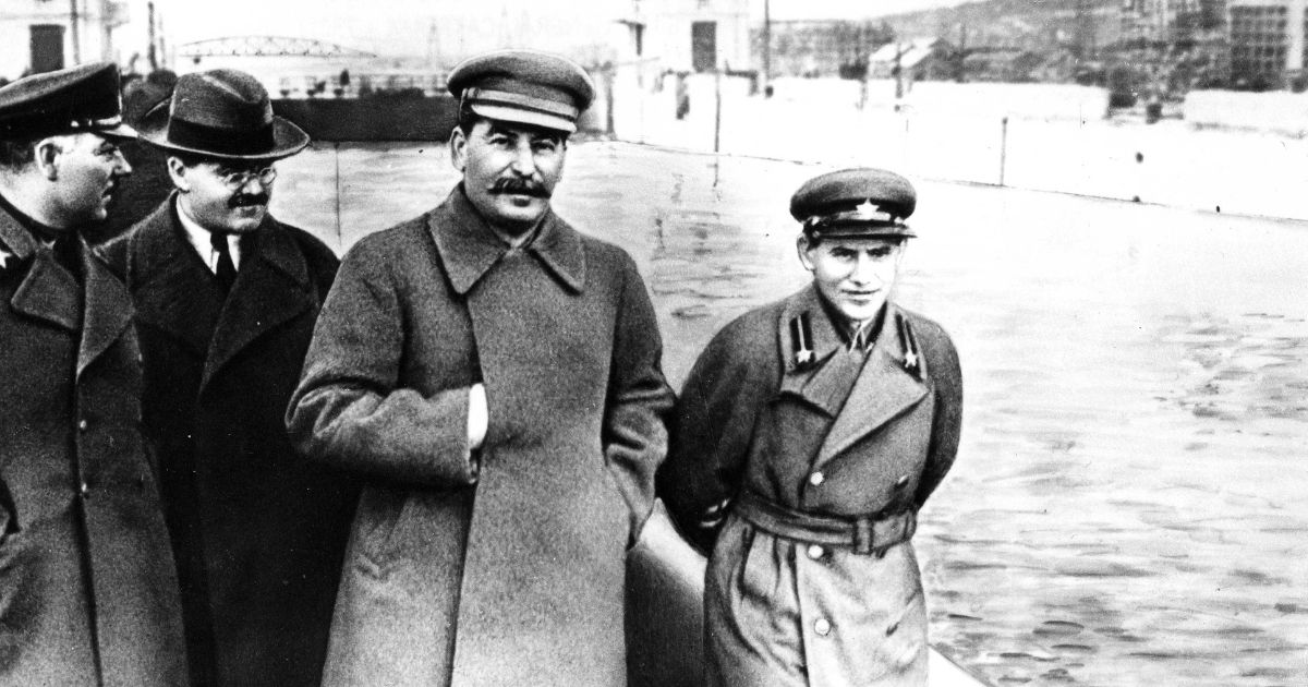 From left to right: Kliment Vorochilov, Vyacheslav Molotov, Josef Stalin and Nikolai Iejov aka Nikolai Yezhov, pose at the shore of the the Moscow -Volga Canal, in 1937.