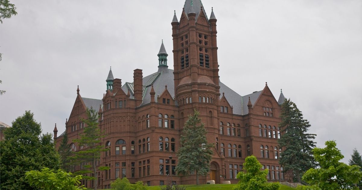 This stock photo shows Crouse College, the College of Visual and Performing Arts, at Syracuse University in Syracuse, New York.