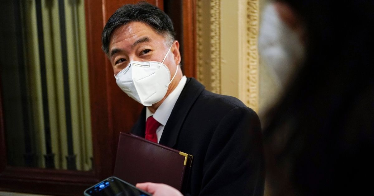 California Democratic Rep. Ted Lieu departs after the day's proceedings in the impeachment trial of former President Donald Trump at the U.S. Capitol on Feb. 10, 2021, in Washington, D.C.