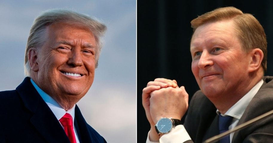 Left: President Donald Trump speaks at Joint Base Andrews in Maryland on Jan. 20. Right: Then-Russian Presidential Chief of Staff Sergei Ivanov speaks during a meeting in Moscow on Jan. 12, 2015.