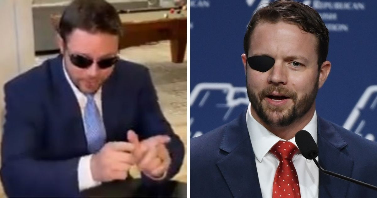 U.S. Rep. Dan Crenshaw wearing the dark sunglasses and dark suit of "the government," left; Crenshaw in a filie photo, right.