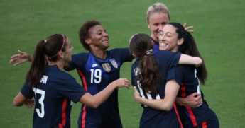 The USA team celebrates after scoring a first half goal against Brazil during their SheBelieves Cup international soccer tournament game at Exploria Stadium in Orlando, Florida on Feb. 21, 2021.