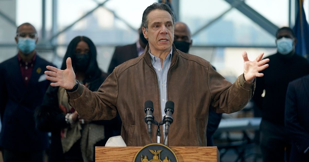 New York Gov. Andrew Cuomo speaks at the Jacob K. Javits Convention Center on March 8, 2021, in New York City.