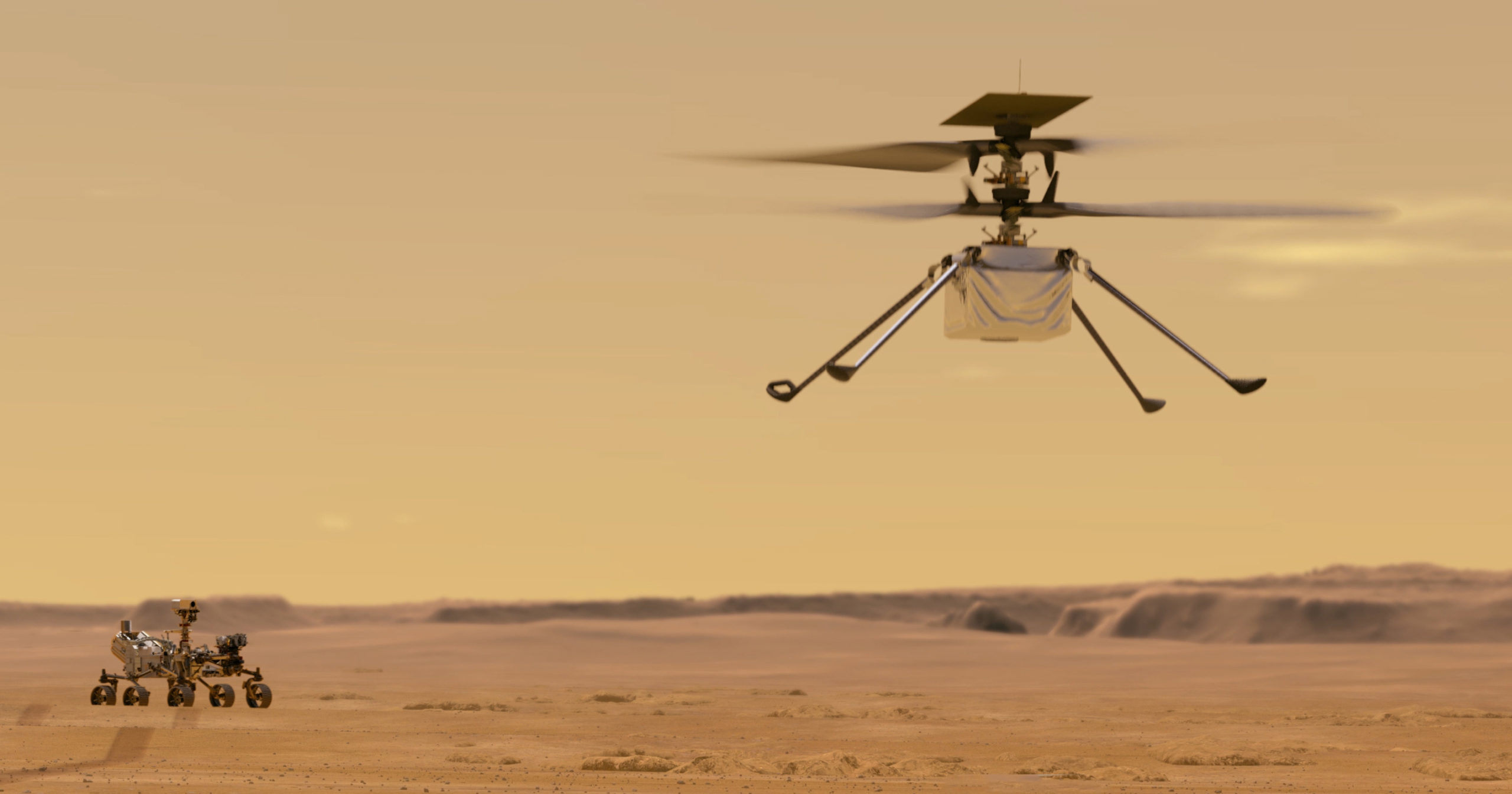 This illustration depicts the Ingenuity helicopter on Mars.