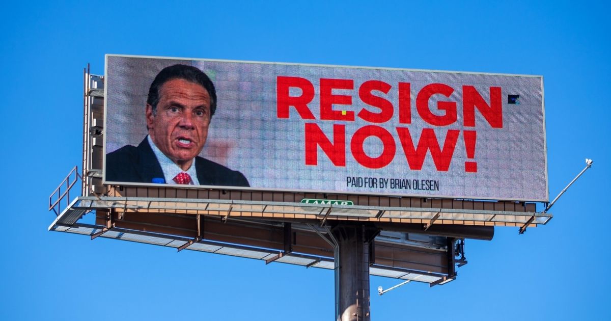 A billboard urging New York Gov. Andrew Cuomo to resign is seen on March 2, 2021, in Albany, New York.