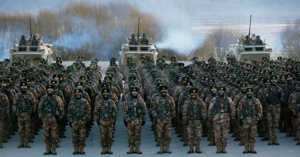 Chinese People's Liberation Army soldiers assemble during military training in Kashgar, Xinjiang, China, on Jan. 4, 2021.