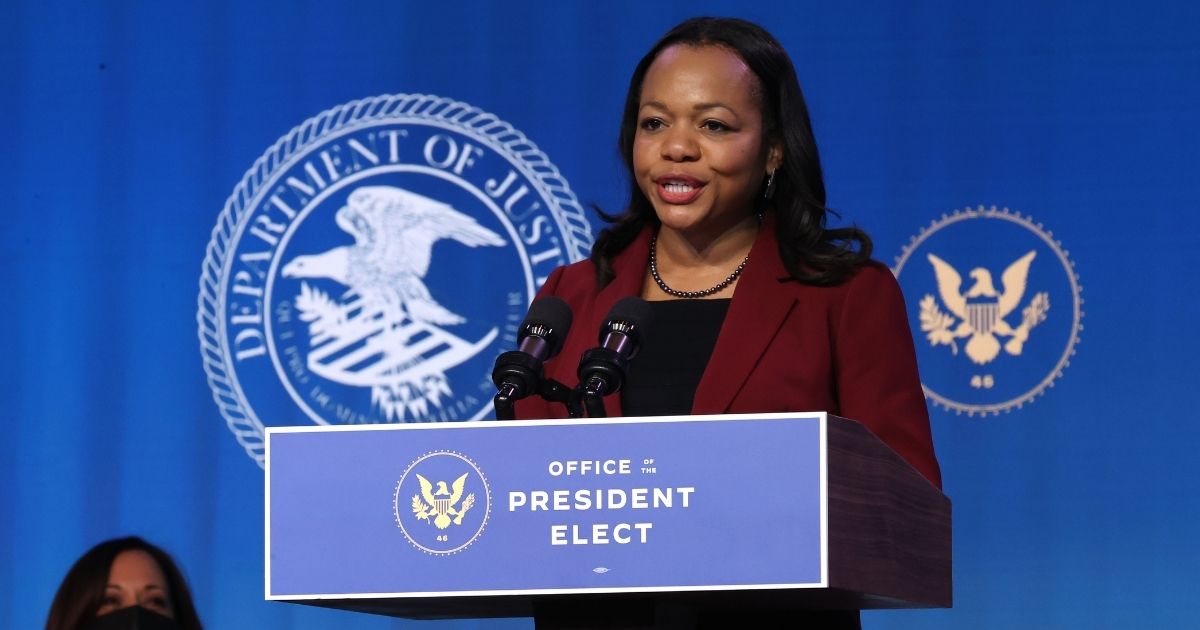 Kristen Clarke delivers remarks after being nominated to head the Justice Department's civil rights division on Jan. 7, 2021, in Wilmington, Delaware.