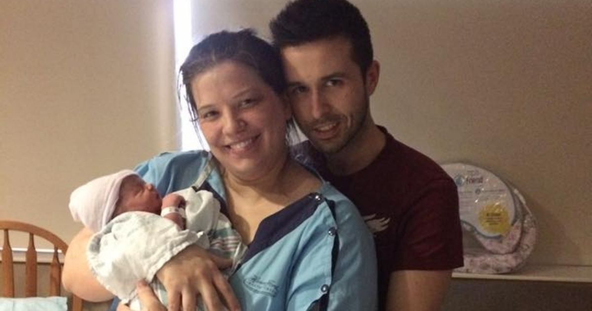 Christina DePino poses with her husband and child after being induced at 37 weeks because she had cholestasis.