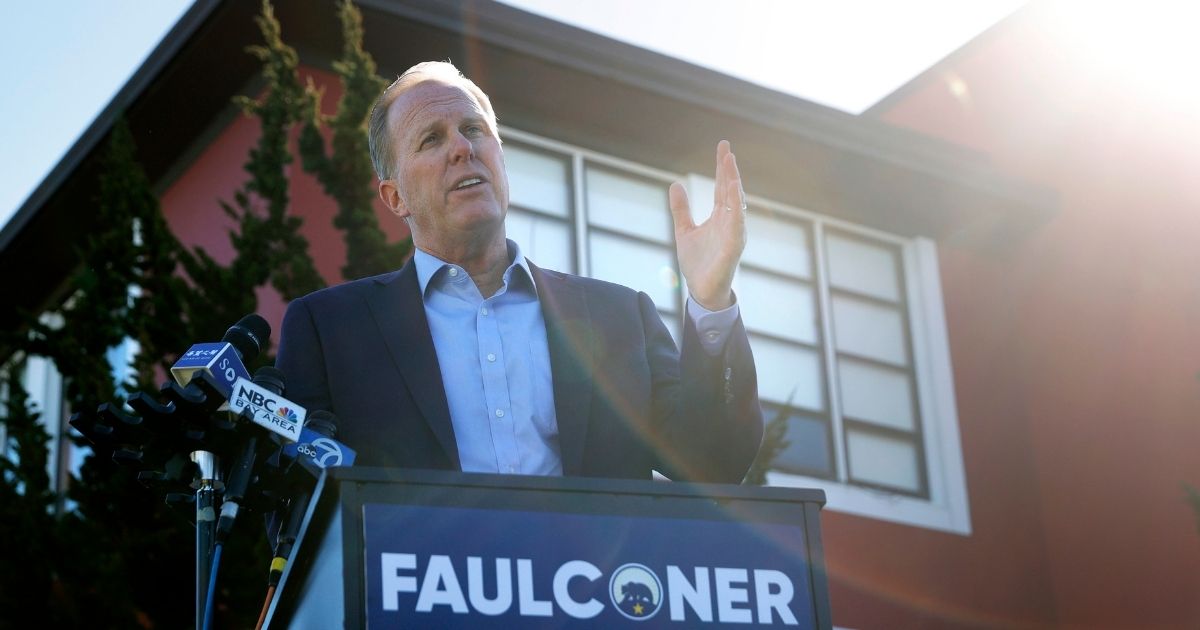 Former San Diego mayor and Republican candidate for California governor Kevin Faulconer speaks during a news conference in front of Abraham Lincoln High School on Feb. 17, 2021, in San Francisco, California.