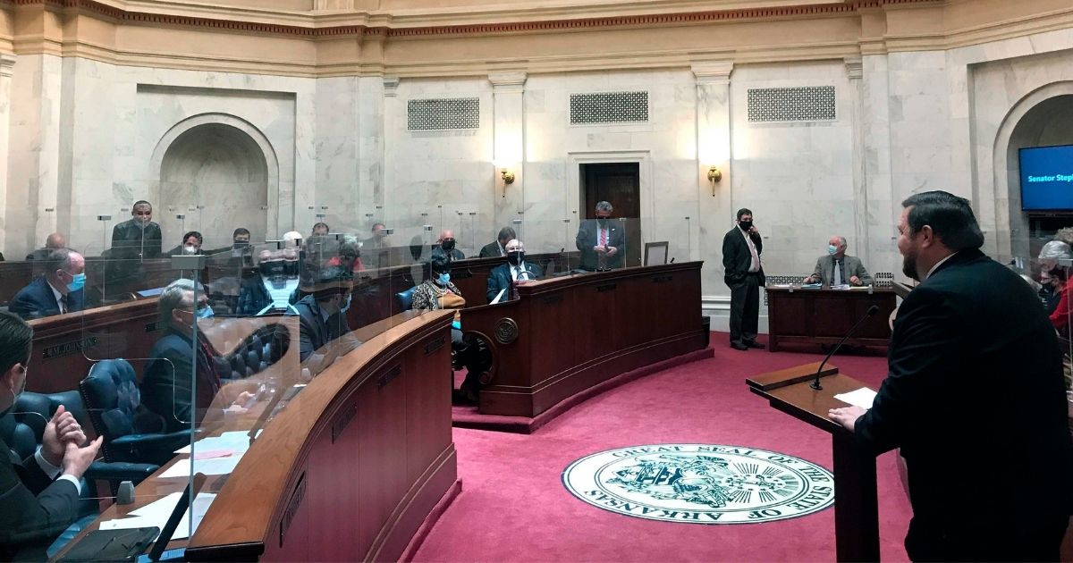 Republican state Sen. Bob Ballinger, right, speaks to the Senate at the Arkansas Capitol in Little Rock, on Jan. 19.