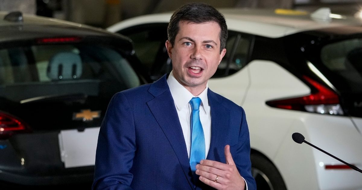Secretary of Transportation Pete Buttigieg speaks during a news conference highlighting electric vehicles at Union Station near Capitol Hill in Washington on Thursday.