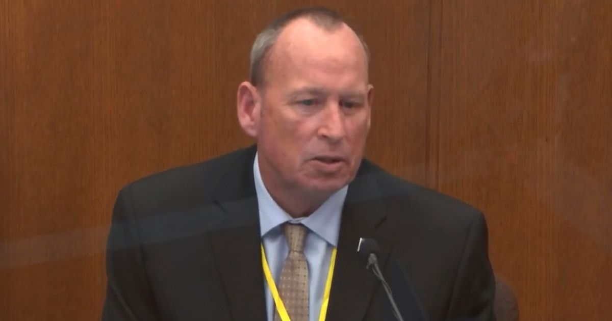 Scott Creighton, a retired Minneapolis police officer, testifies for the defense in the trial of Derek Chauvin at the Hennepin County Courthouse in Minneapolis on April 13.