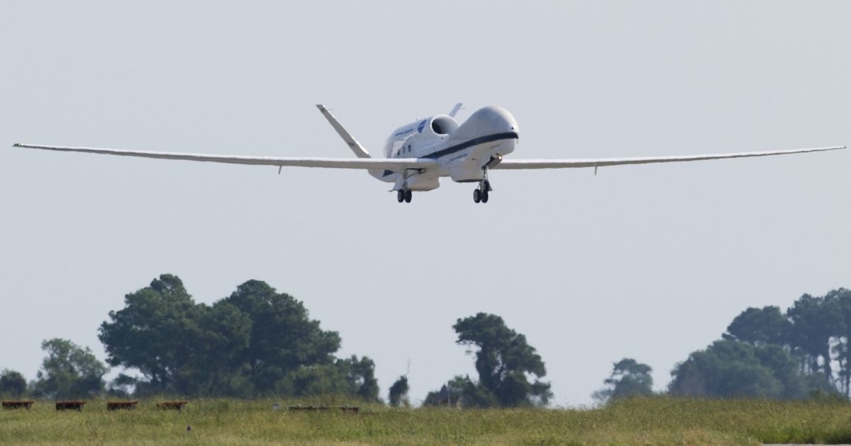 A NASA Global Hawk unmanned aerial vehicle, or drone aircraft, in flight during a Hurricane and Severe Storm Sentinel, or HS3, mission at NASA's Wallops Flight Facility in Wallops Island, Virginia, on Sept. 10, 2013.