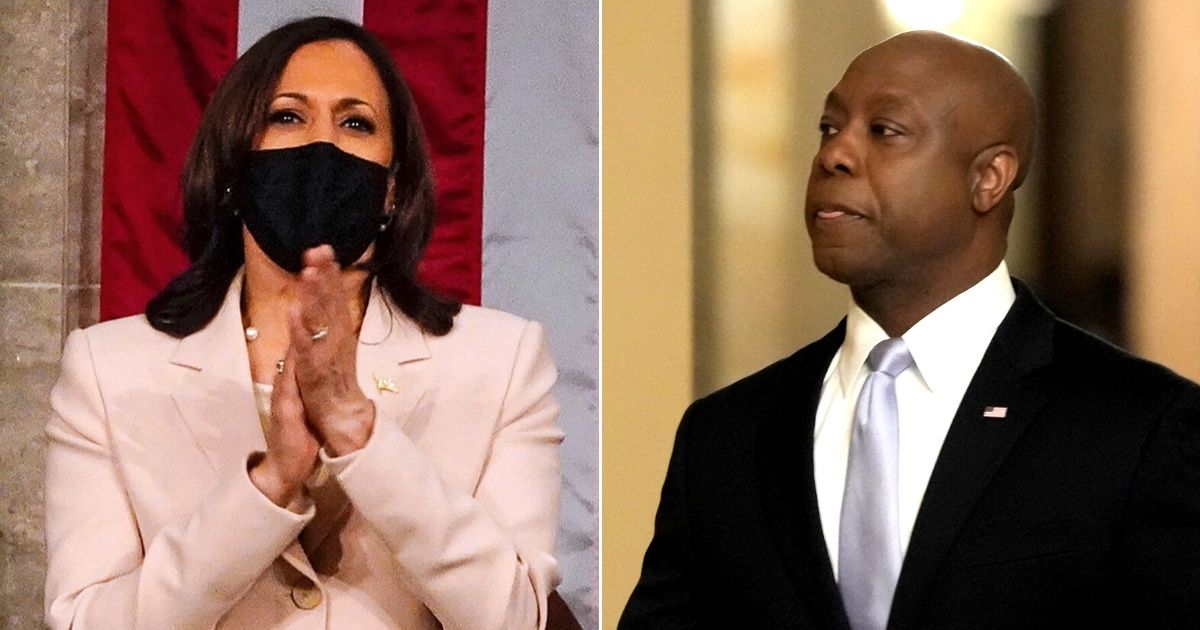 At left, Vice President Kamala Harris applauds President Joe Biden as he addresses a joint session of Congress at the Capitol in Washington on Wednesday. At right, Sen. Tim Scott of South Carolina walks through the Capitol before delivering the Republican response to Biden's speech.