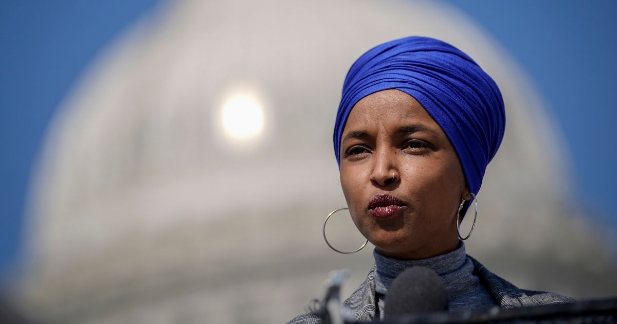 Democratic Minnesota Rep. Ilhan Omar speaks during a news conference to discuss proposed legislation entitled Rent and Mortgage Cancellation Act outside the U.S. Capitol on March 11 in Washington, D.C.