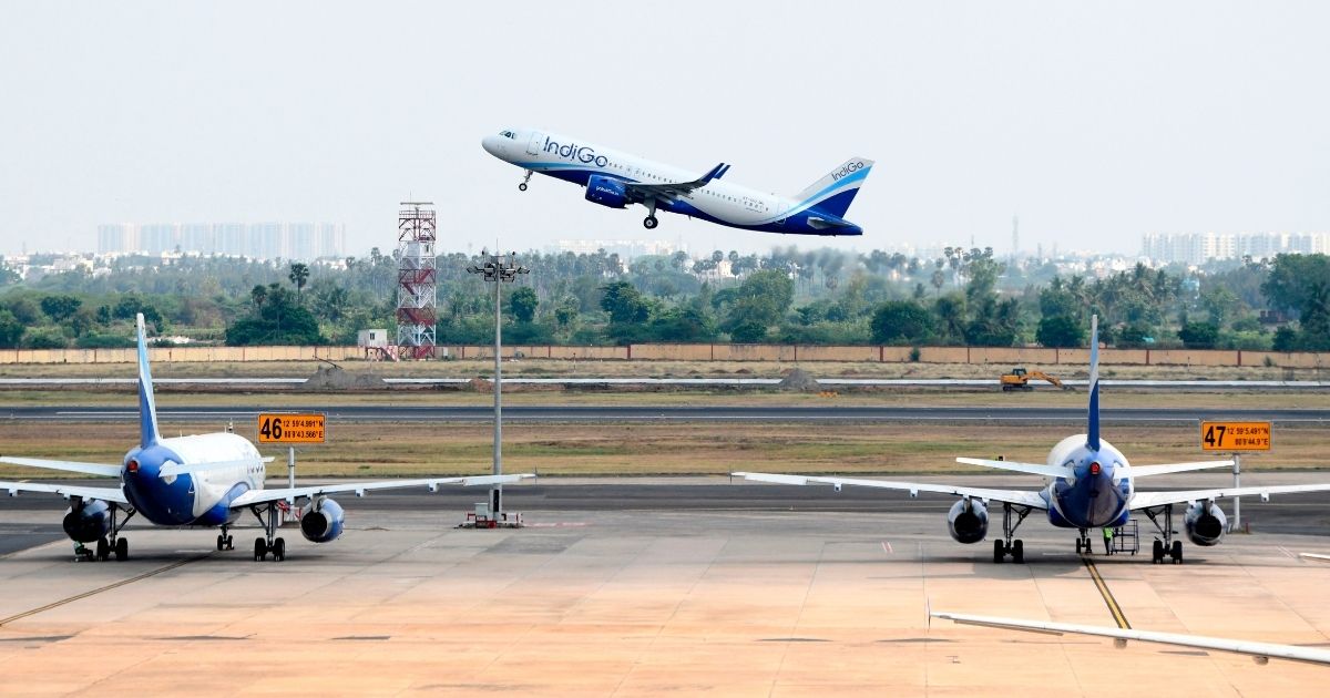 An Indigo flight directed to Varanasi, India, takes off at the Kamaraj domestic airport in Chennai on May 25, 2020.