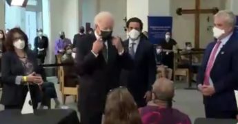 In a video posted to Twitter on Monday, President Joe Biden is seen telling a woman to follow COVID-19 safety measures.
