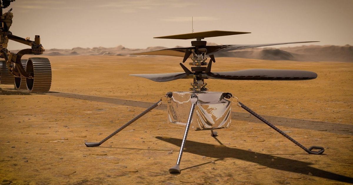In this concept illustration provided by NASA, NASA's Ingenuity Mars Helicopter stands on the Red Planet's surface as NASA's Mars 2020 Perseverance rover (partially visible on the left) rolls away.