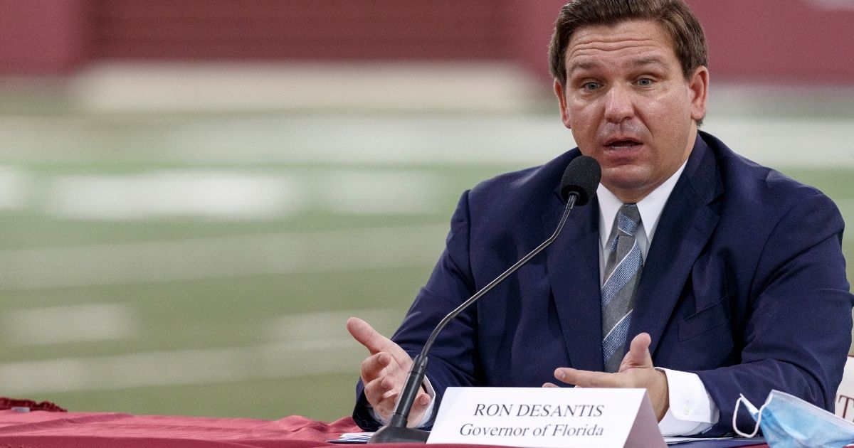 Republican Florida Gov. Ron DeSantis speaks during a collegiate athletics roundtable about fall sports at the Albert J. Dunlap Athletic Training Facility on the campus of Florida State University on Aug. 11, 2020 in Tallahassee, Florida.