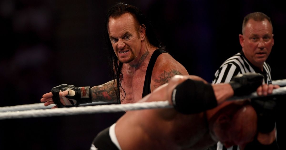 World Wrestling Entertainment star the Undertaker, left, competes against Goldberg in the Super Showdown event in the Saudi Red Sea port city of Jeddah on Jan. 7, 2019.