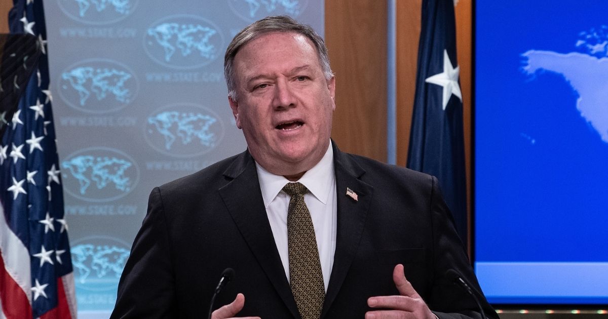 Then-Secretary of State Mike Pompeo speaks at an April 2020 news briefing at the State Department.
