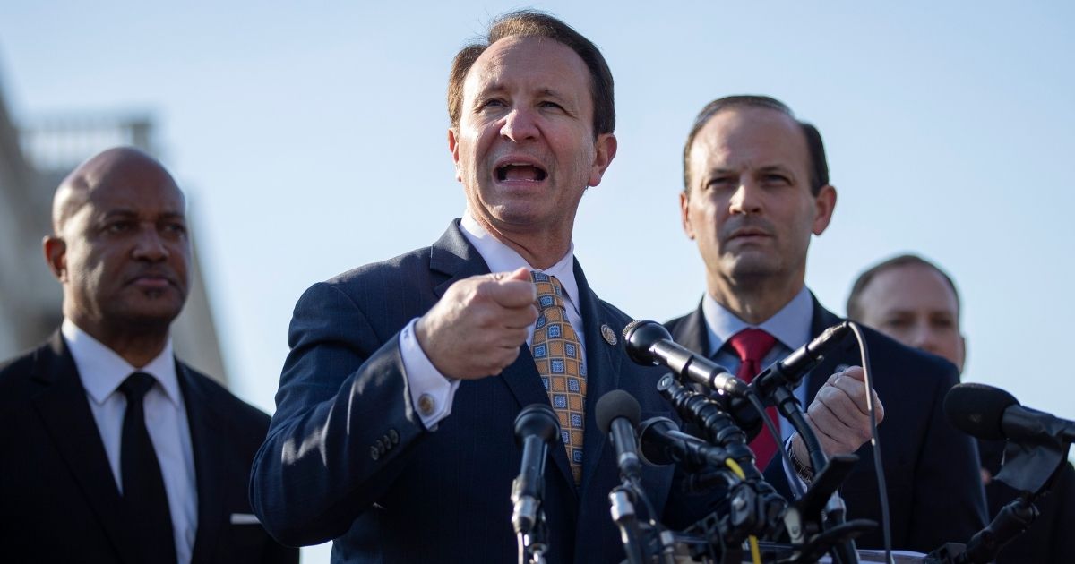 Indiana Attorney General Curtis Hill, Louisiana Attorney General Jeff Landry and South Carolina Attorney General Alan Wilson speak during a news conference at the US Capitol on Jan. 22, 2020, in Washington, D.C.