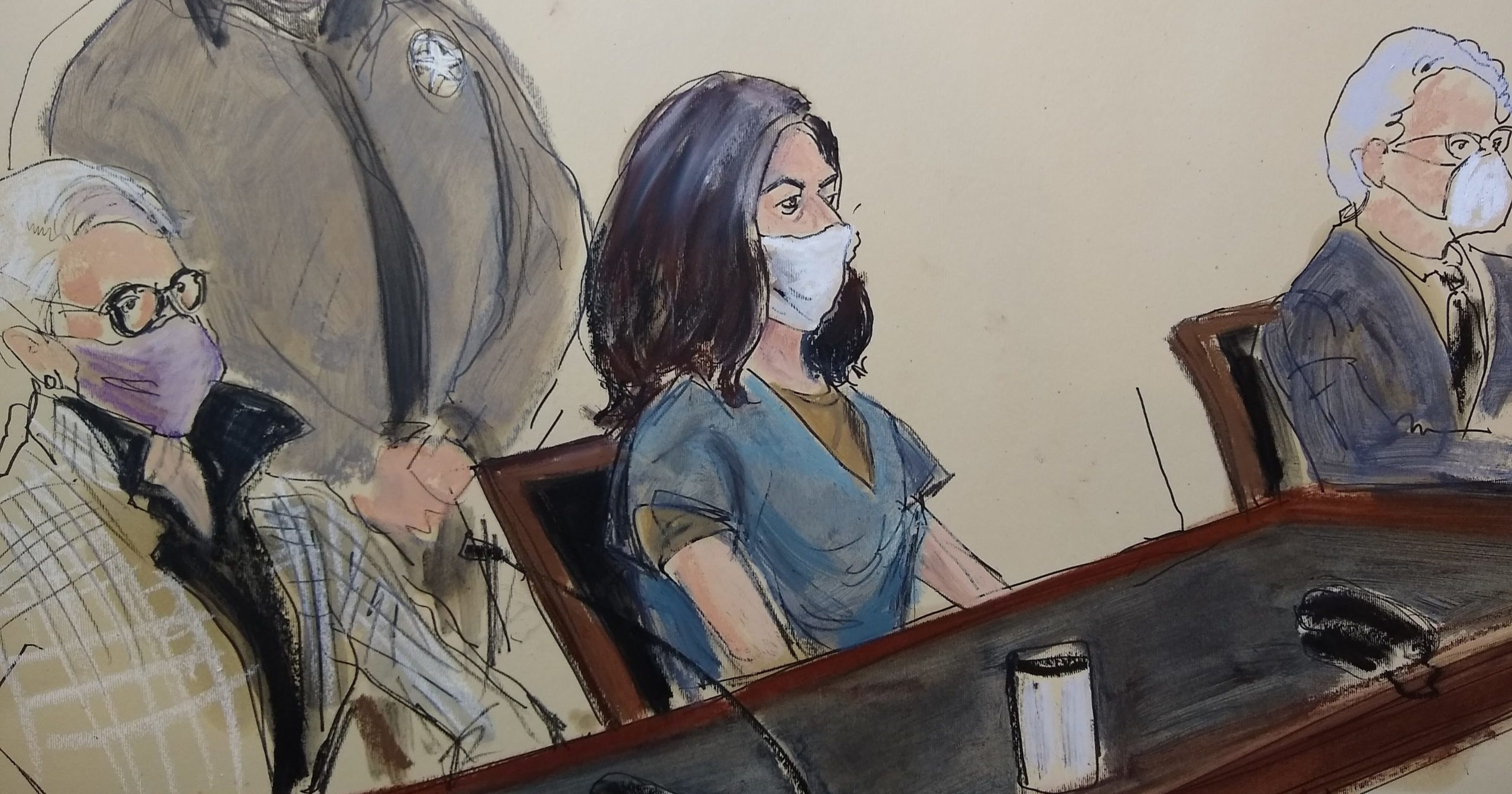 This courtroom drawing shows Ghislaine Maxwell, center, flanked by her attorneys during her arraignment on Friday in New York.