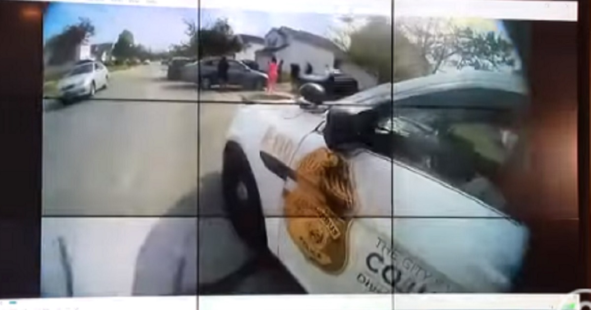 A still from a police bodycam video shows the scene when an officer arrived to a report of an attempted stabbing on Tuesday in Columbus, Ohio.