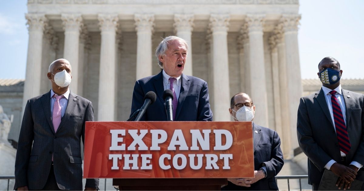 Rep. Hank Johnson of Georgia, Sen. Ed Markey of Massachusetts, House Judiciary Committee Chairman Rep. Jerrold Nadler of New York and Rep. Mondaire Jones of New York hold a news conference in front of the US Supreme Court on April 15, 2021, in Washington, D.C.