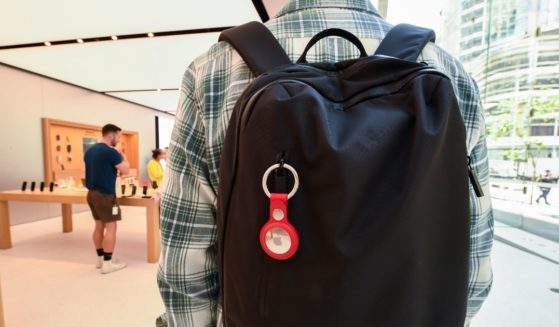 A key ring containing an AirTag attached to a rucksack inside the Apple Store George Street on April 30 in Sydney.