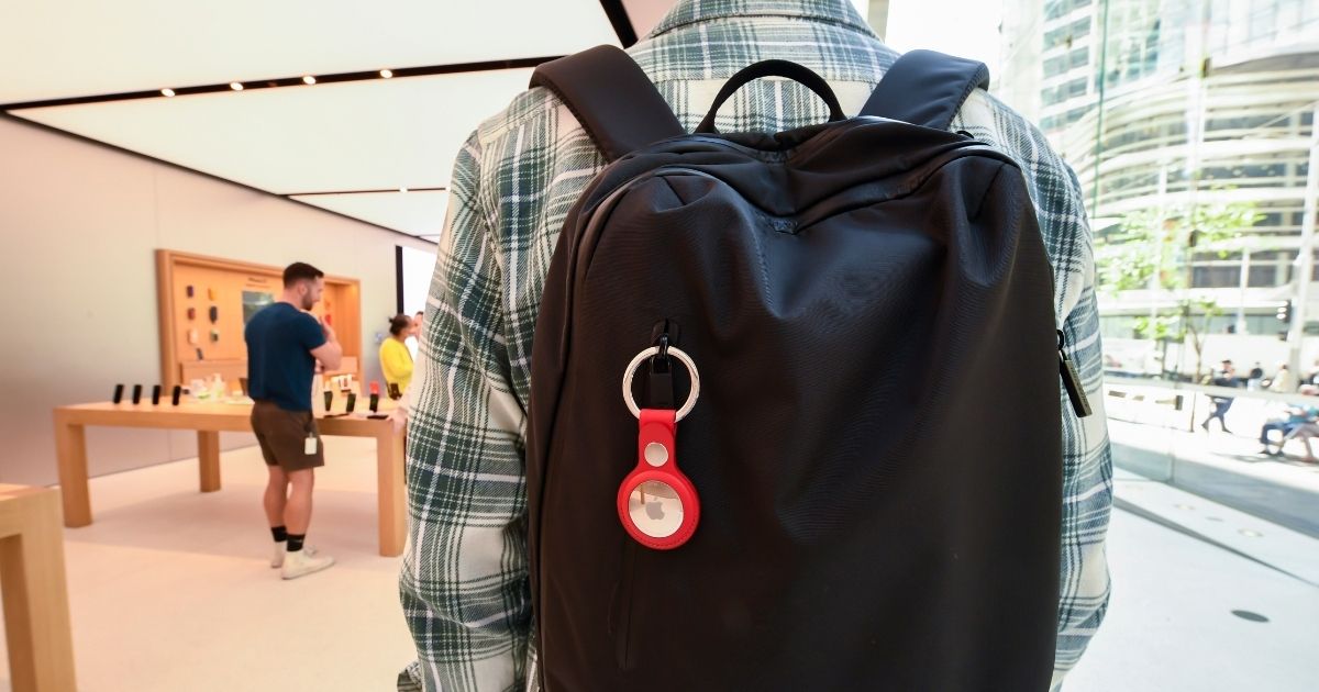 A key ring containing an AirTag attached to a rucksack inside the Apple Store George Street on April 30 in Sydney.